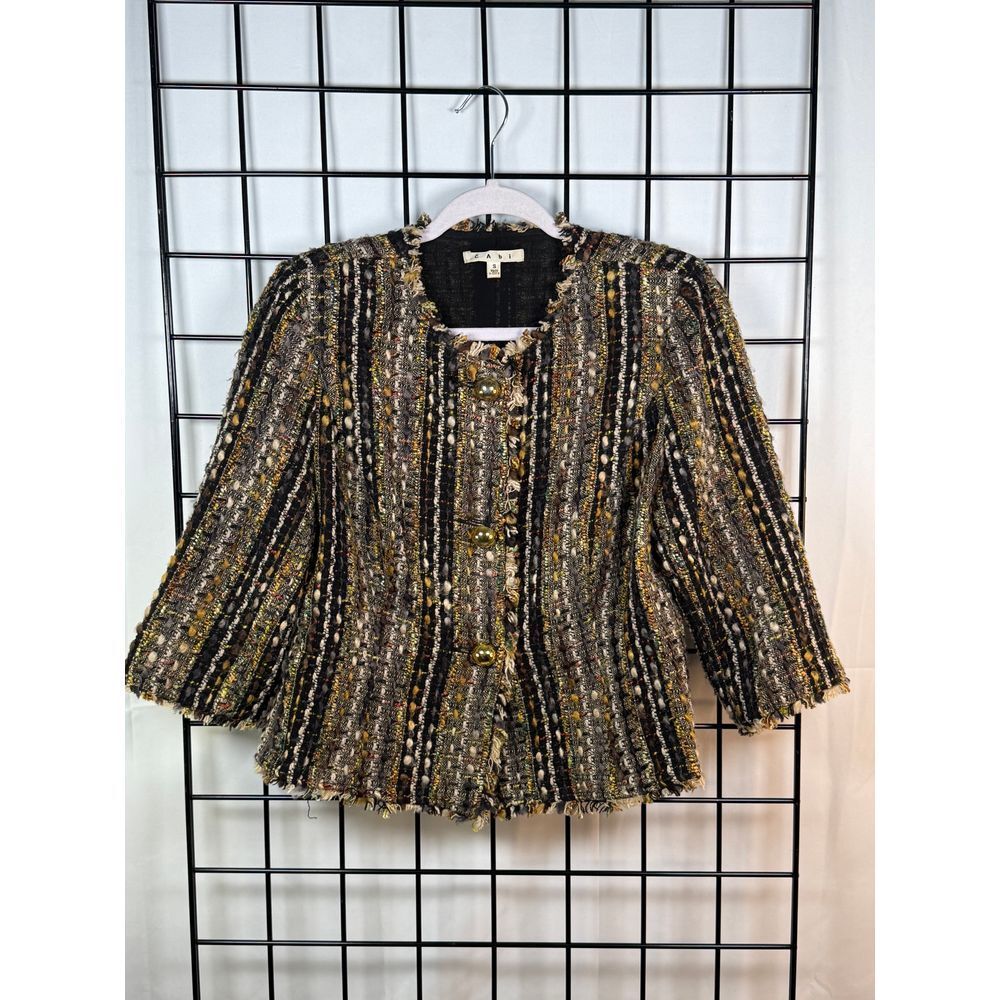 Cabi Paris Wool Blend Boucle Tweed Fringe Blazer Jacket Womens Brown‎ S Boho